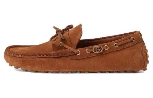 GUCCI Interlocking Suede Gommino Loafers Men's Brown