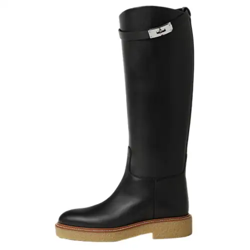 HERMES Honey Leather Knee high Boots Women's Black