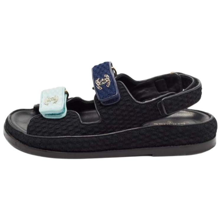 CHANEL Leather, Textile One Strap Sandals Women's Black