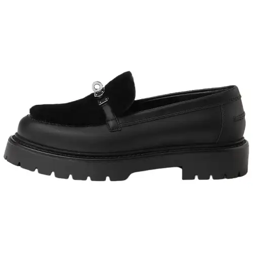 HERMES Lcon Calfskin Loafers 3cm Women's Black