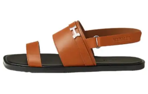 HERMES Henrio Leather One Strap Sandals Men's Brown