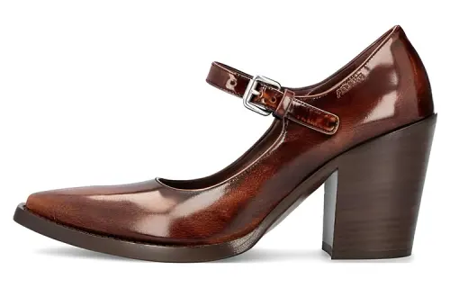 PRADA Leather Buckle Chunky Heel High Heels Women's Brown
