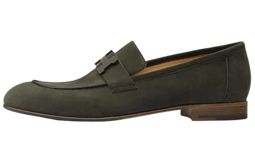 HERMES Leather Loafers Men's Brown Green