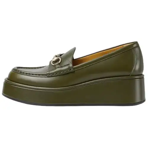 GUCCI Leather Wedge Heel High Heels 5CM Women's Green