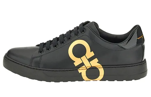 FERRAGAMO Gancini Leather Low top Stylish Skateboarding Shoes Men's Black Gold