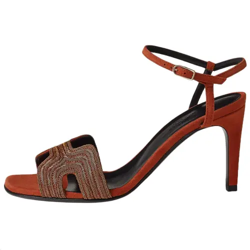 HERMES Heden Suede One Strap Sandals 8cm Women's Red Brown