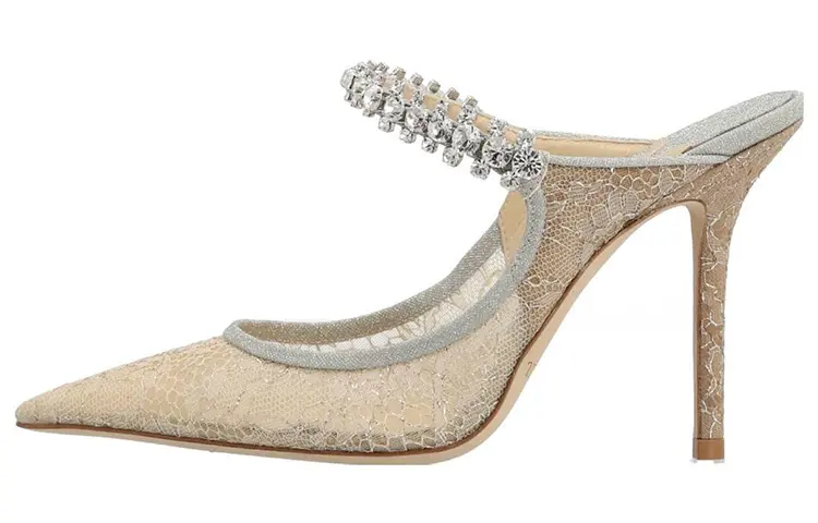 Jimmy Choo Bing mesh leather fabric rhinestone strap shaped heel high heels 10cm women's white
