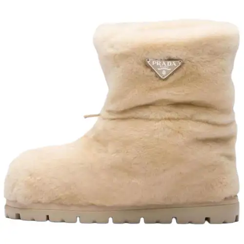PRADA Sheepskin Short Snow Boots Women's Beige