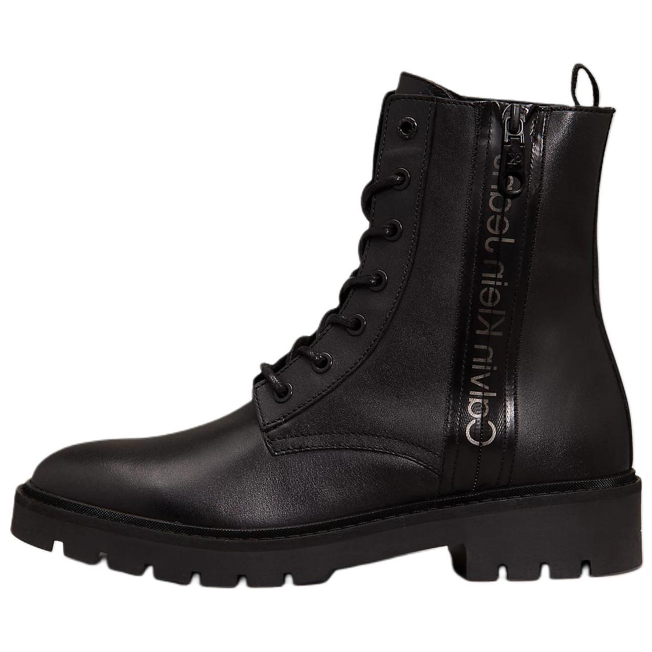 CKJ CALVIN KLEIN JEANS Leather Side Zipper Round Toe Short Martin Boots Women's Black