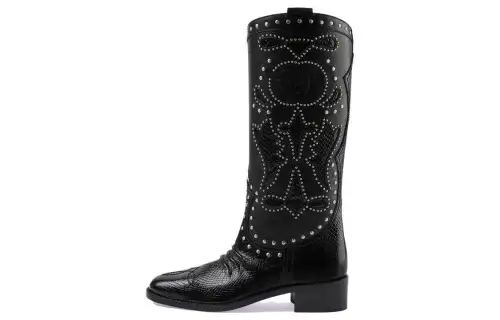 GUCCI Double G Leather Knee High Boots 3.5cm Women's Black
