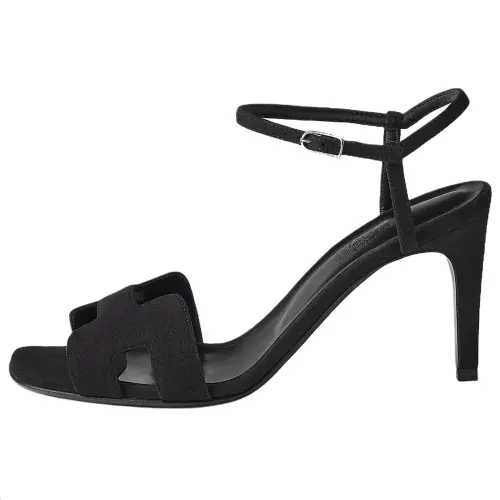 HERMES Suede One Strap Sandals 7.5cm Women's Black