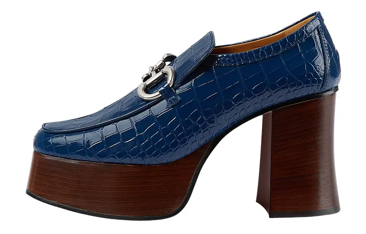 GUCCI Horsebit Chunky Heel High Heels 9.5cm Women's Blue