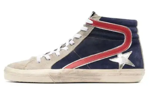 Golden Goose Slide Mid top Skateboard Shoes Men's Beige Blue Distressed
