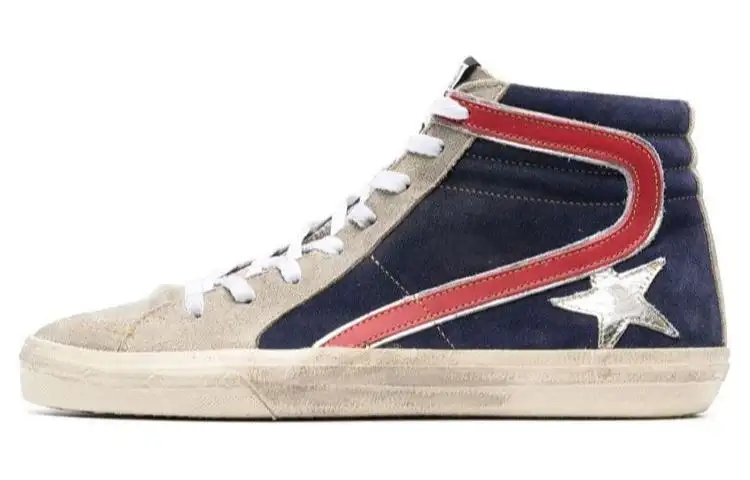 Golden Goose Slide Mid top Skateboard Shoes Men's Beige Blue Distressed