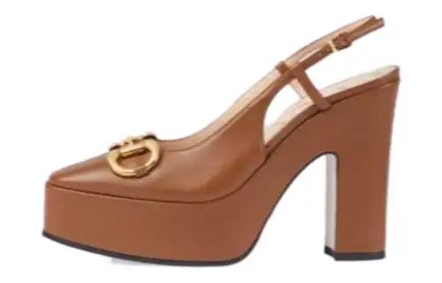 GUCCI Horsebit Leather Horsebit Chunky Heel High Heels Women's Brown