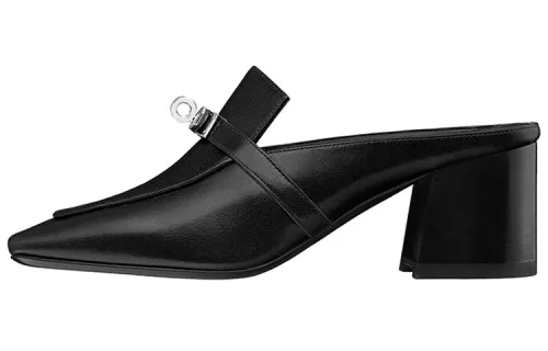 HERMES Blossom Sheepskin Block Heel Closed Toe Slippers 6CM Women's Black