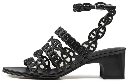 HERMES Enchainee Leather One Strap Sandals Women's Black