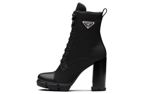 PRADA 110 Mm Nylon Booties Black Brushed Leather Women's