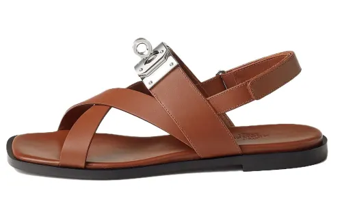 HERMES Ines Leather One Strap Sandals Women's Brown
