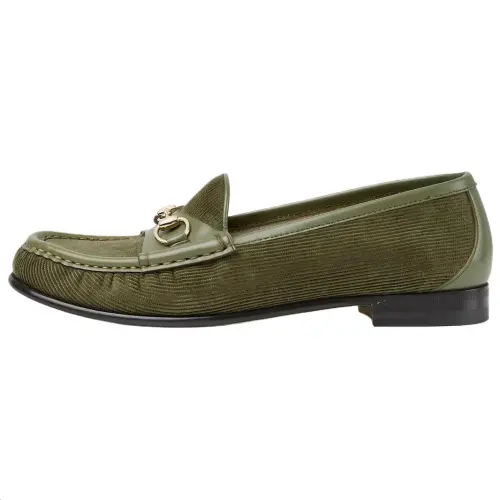 GUCCI Horsebit 1953 Corduroy Loafers Women's Dark Green
