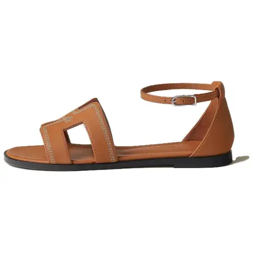 HERMES Santorini Leather One Strap Sandals Women's Brown
