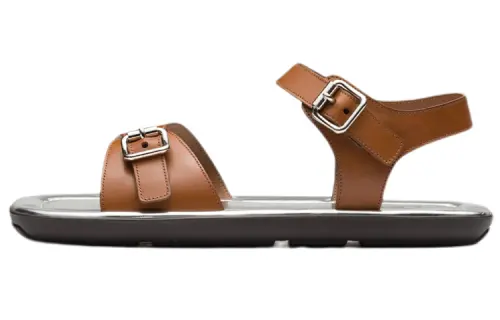PRADA Leather One Strap Sandals Men's Brown