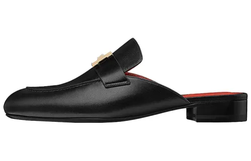 HERMES Trocadero Closed Toe Slippers Women's Black Red