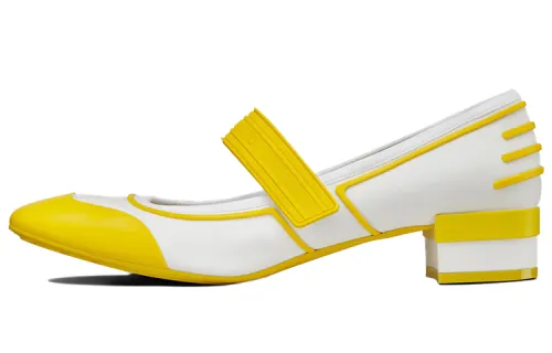 DIOR Roller Square Toe Block Heel Mary Jane Shoes Women's Yellow White