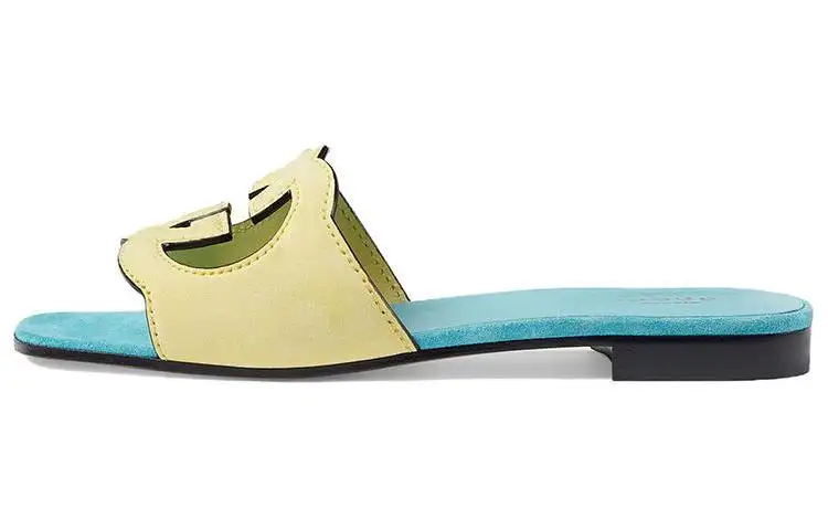 GUCCI Interlocking Skeleton Slide Slippers Women's Blue Yellow