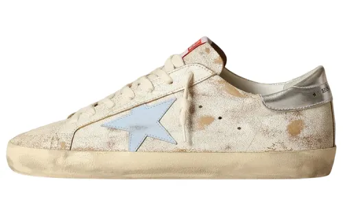Golden Goose Super Star Leather, Suede Low top Stylish Skateboarding Shoes Men's White Blue Silver Distressed
