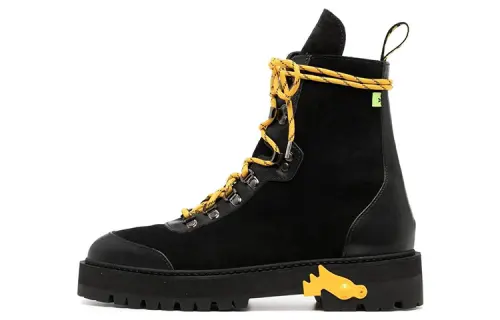 OFF WHITE Leather Comfortable Round Toe Ankle Boots Men's Black