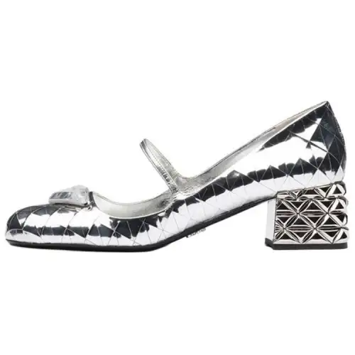PRADA Leather Block Heel Mary Jane Shoes Women's Silver