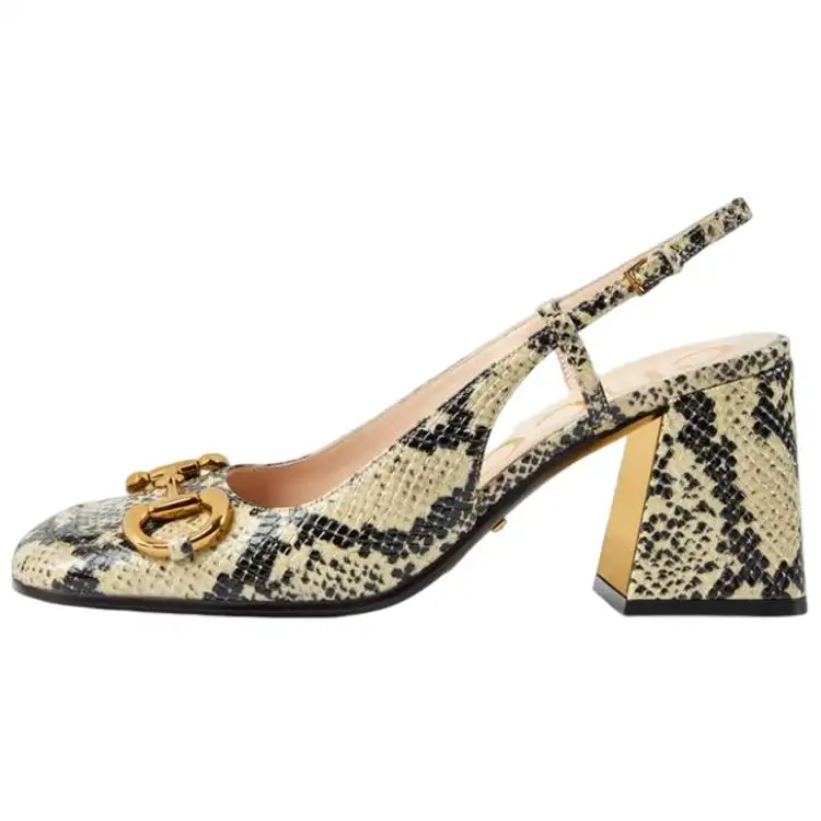 GUCCI Snake Skin Chunky Heel High Heels 7.5cm Women's Yellow Black