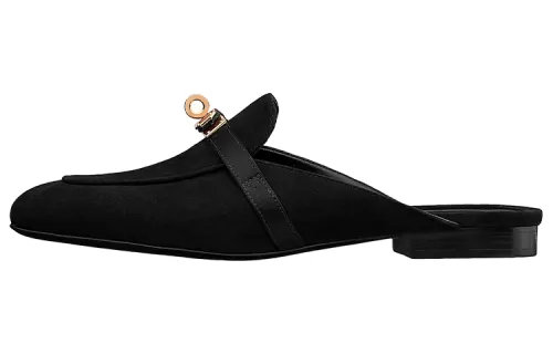 HERMES Oz Leather Closed Toe Slippers Women's Black