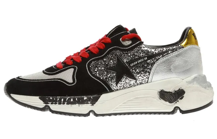 Golden Goose Running Sole Leather Low top Casual Shoes Women's Black Silver