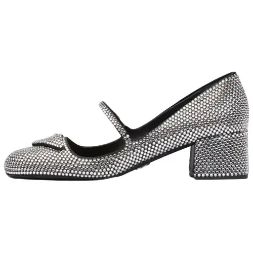 PRADA Satin Chunky Heel Mary Jane Shoes Women's Crystal