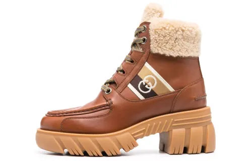 GUCCI Interlocking Cow Leather Ankle Boots 6cm Women's Umber
