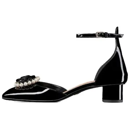 DIOR Rose Patent Leather Chunky Heel High Heels 3.5cm Women's Black