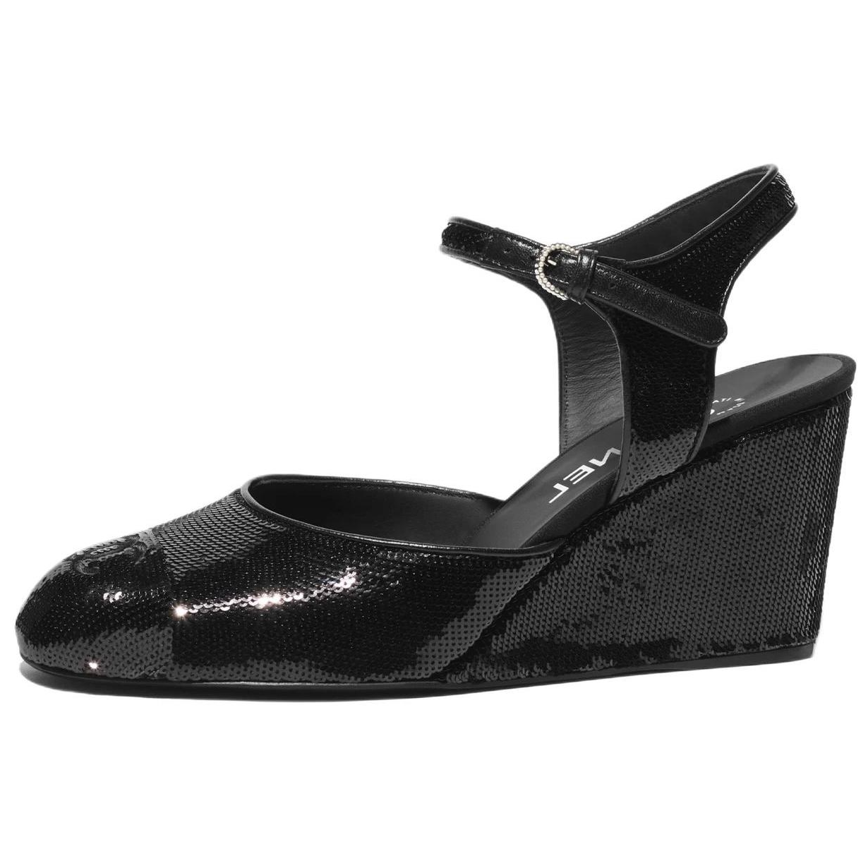 CHANEL 25C Pre Spring Vacation Collection Wedge Heel High Heels 7.5cm Women's Black