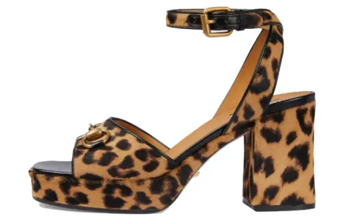 GUCCI Horsebit Leather One Strap Sandals Women's Brown Black Leopard Print