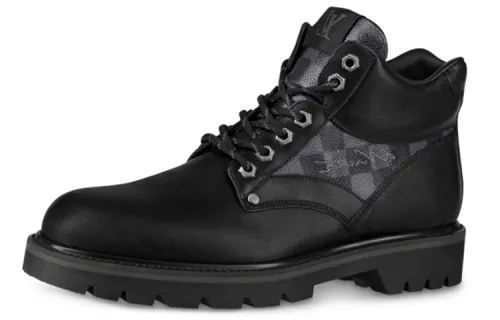 LOUIS VUITTON Oberkampf Damier Graphite Top Grain Cow Leather Short Combat Boots Men's Black