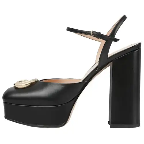 GUCCI Leather Chunky Heel High Heels 11.5cm Women's Black