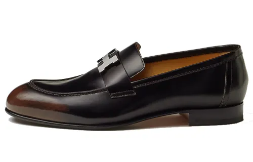 HERMES PARIS Leather Moccasin Shoes Men's Black Brown