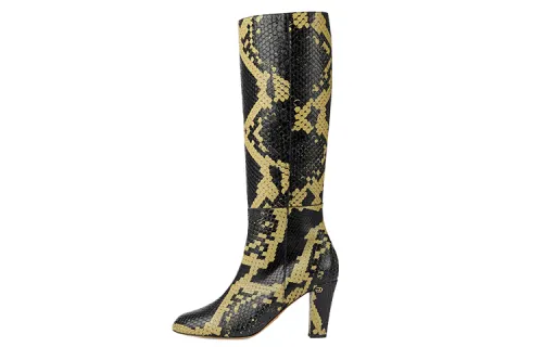GUCCI Leather Knee High Boots 8.5cm Women's Black Yellow
