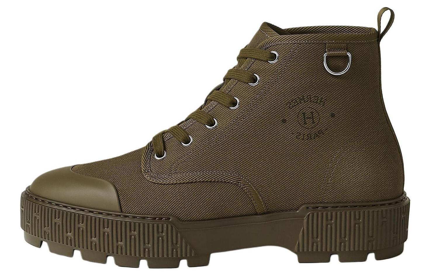 HERMES Itineraire Canvas Ankle Boots Men's Brown Green