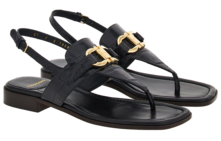 FERRAGAMO Gancini Cow Leather One Strap Sandals 1.5cm Women's Black