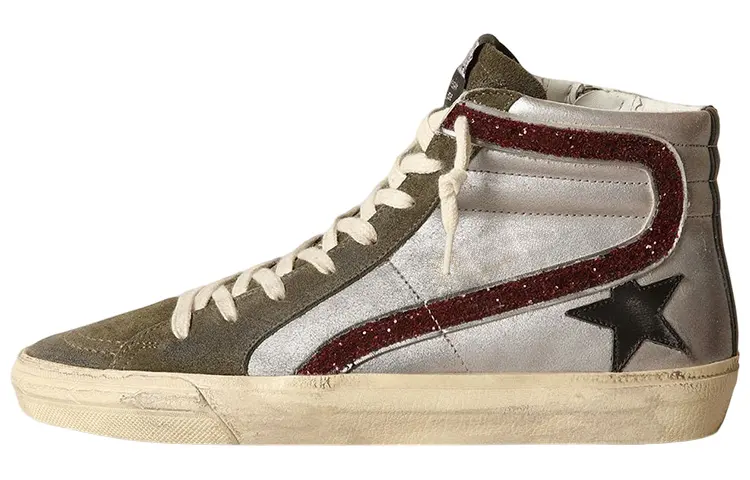 Golden Goose Slide Leather Stylish Skateboarding Shoes Women's Silver Distressed