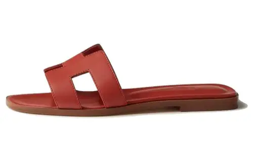 HERMES Oran Genuine Leather Sole Slide Slippers Women's Orange