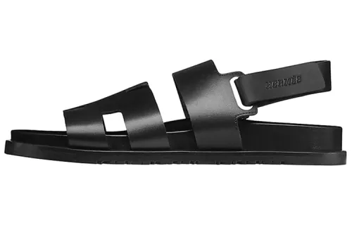 HERMES Top Grain Cow Leather One Strap Sandals Men's Black