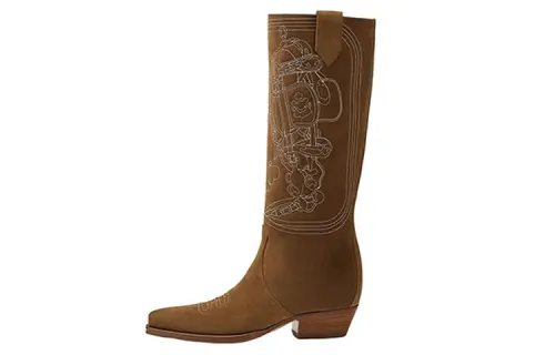 HERMES Folk Leather Knee high Boots 3.5cm Women's Brown